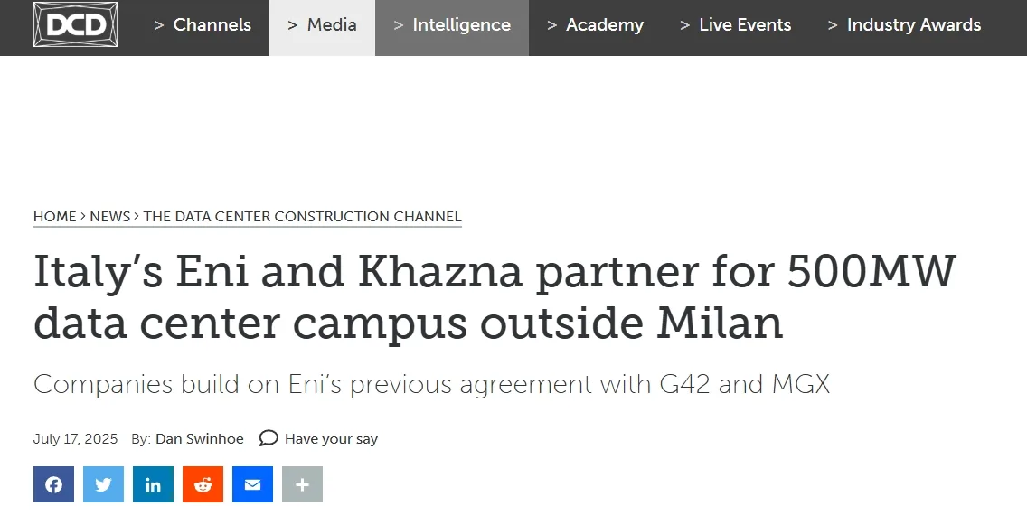 Italy’s Eni and Khazna partner for 500MW data center campus outside Milan