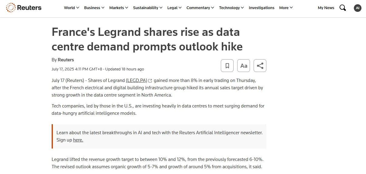 France's Legrand shares rise as data centre demand prompts outlook hike