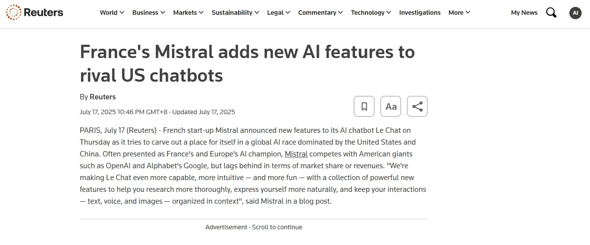 France's Mistral adds new AI features to rival US chatbots