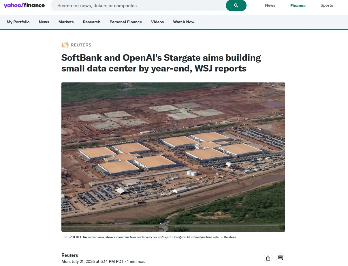 SoftBank and OpenAI's Stargate aims building small data center by year-end, WSJ reports
