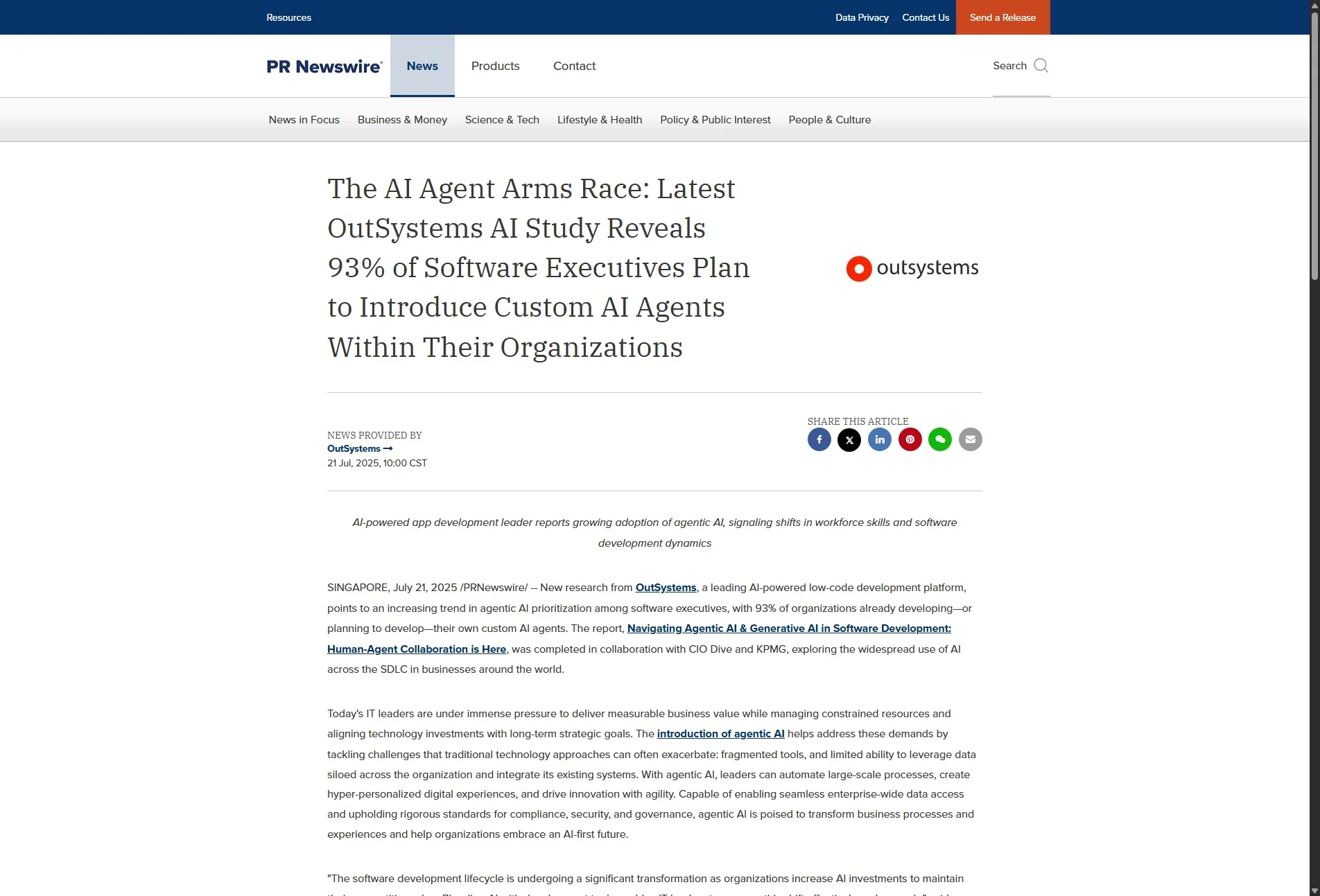 The AI Agent Arms Race: Latest OutSystems AI Study Reveals 93% of Software Executives Plan to Introduce Custom AI Agents Within Their Organizations