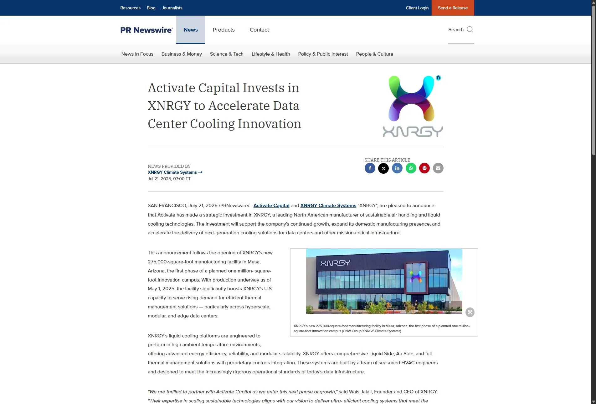Activate Capital Invests in XNRGY to Accelerate Data Center Cooling Innovation