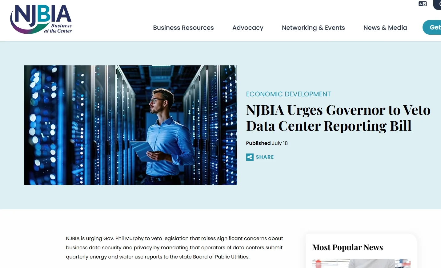 NJBIA Urges Governor to Veto Data Center Reporting Bill