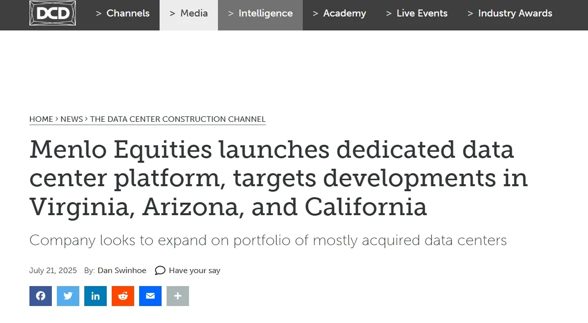 Menlo Equities launches dedicated data center platform, targets developments in Virginia, Arizona, and California