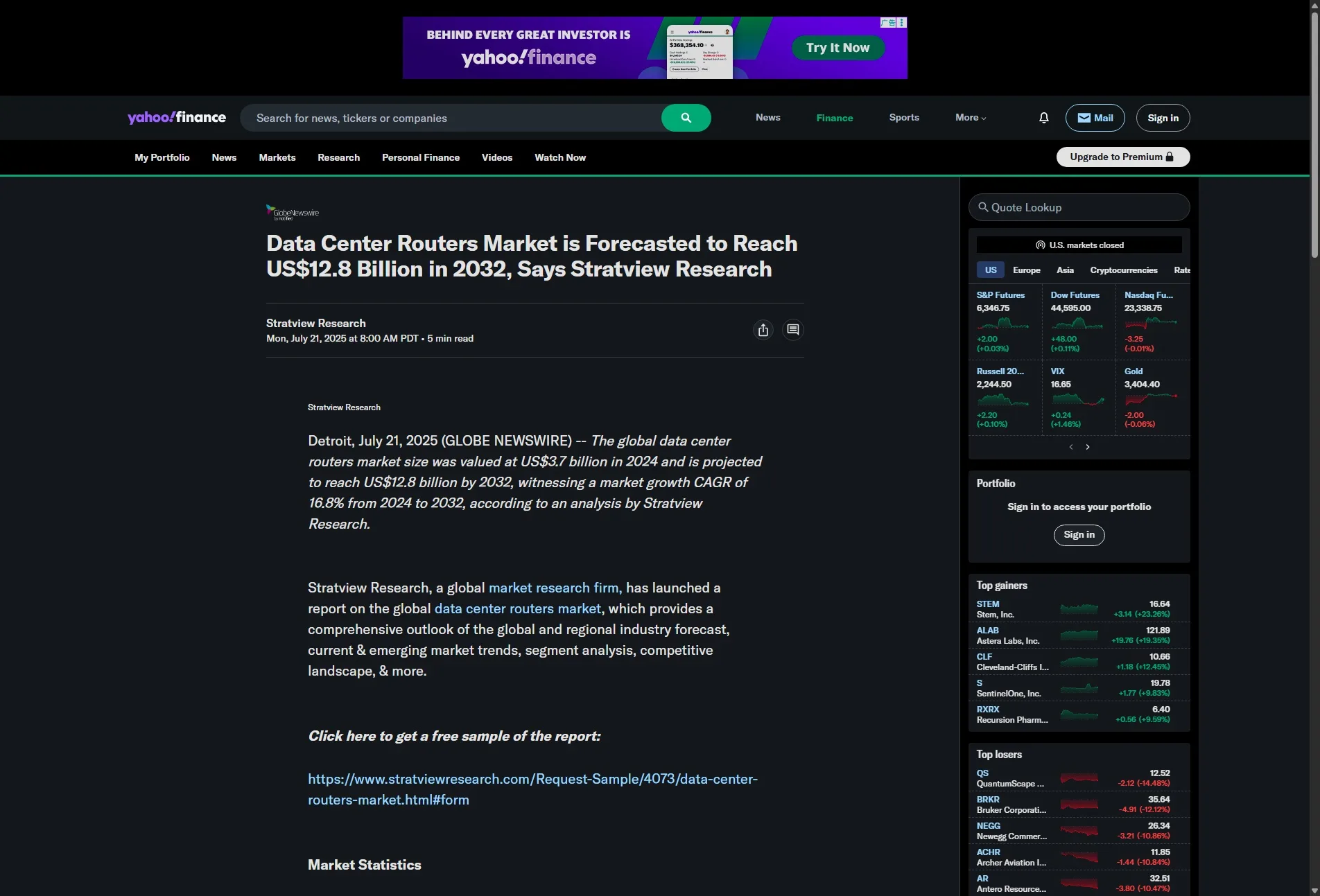 Data Center Routers Market is Forecasted to Reach US$12.8 Billion in 2032, Says Stratview Research