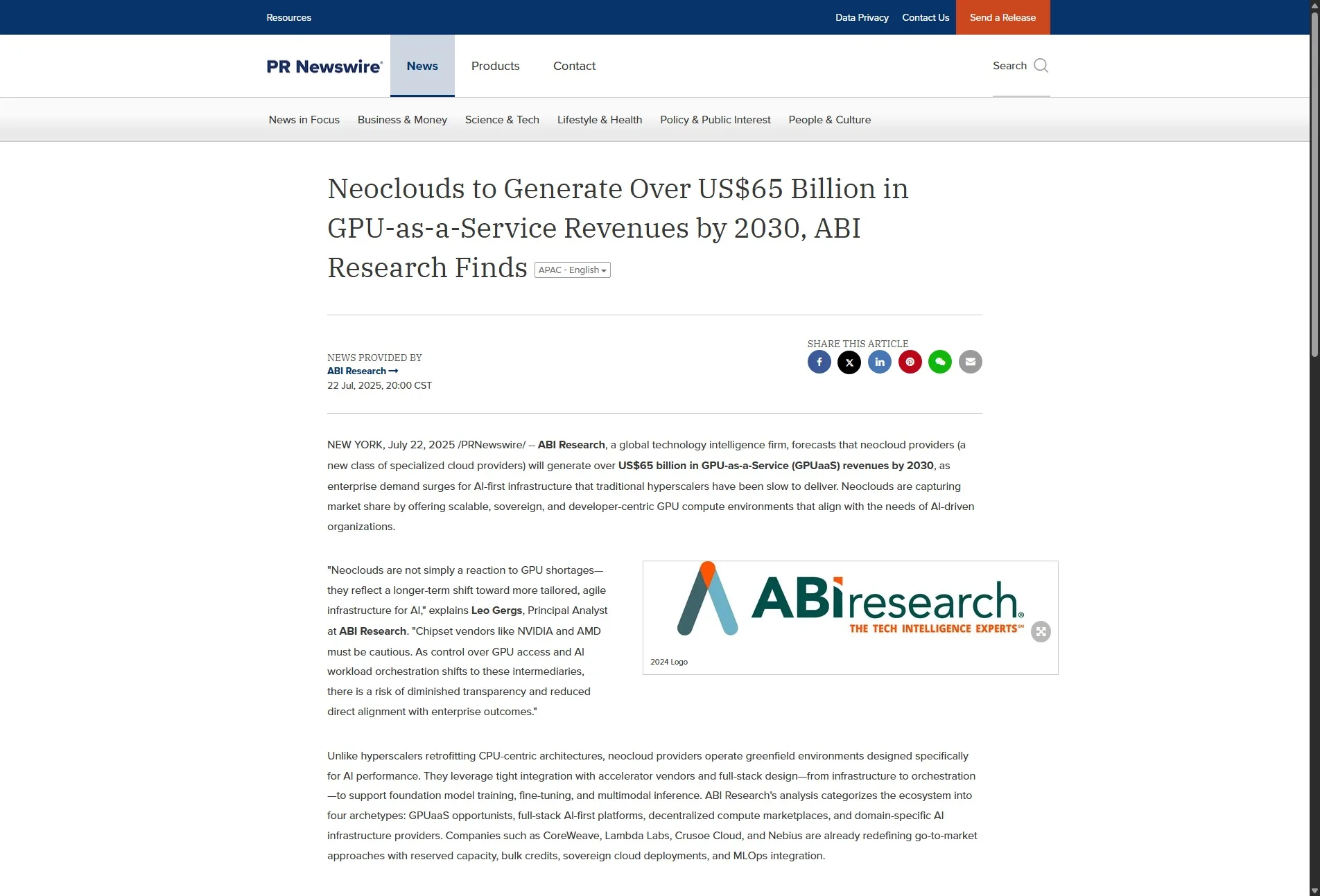 Neoclouds to Generate Over US$65 Billion in GPU-as-a-Service Revenues by 2030, ABI Research Finds
