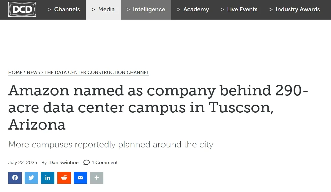 Amazon named as company behind 290-acre data center campus in Tuscson, Arizona