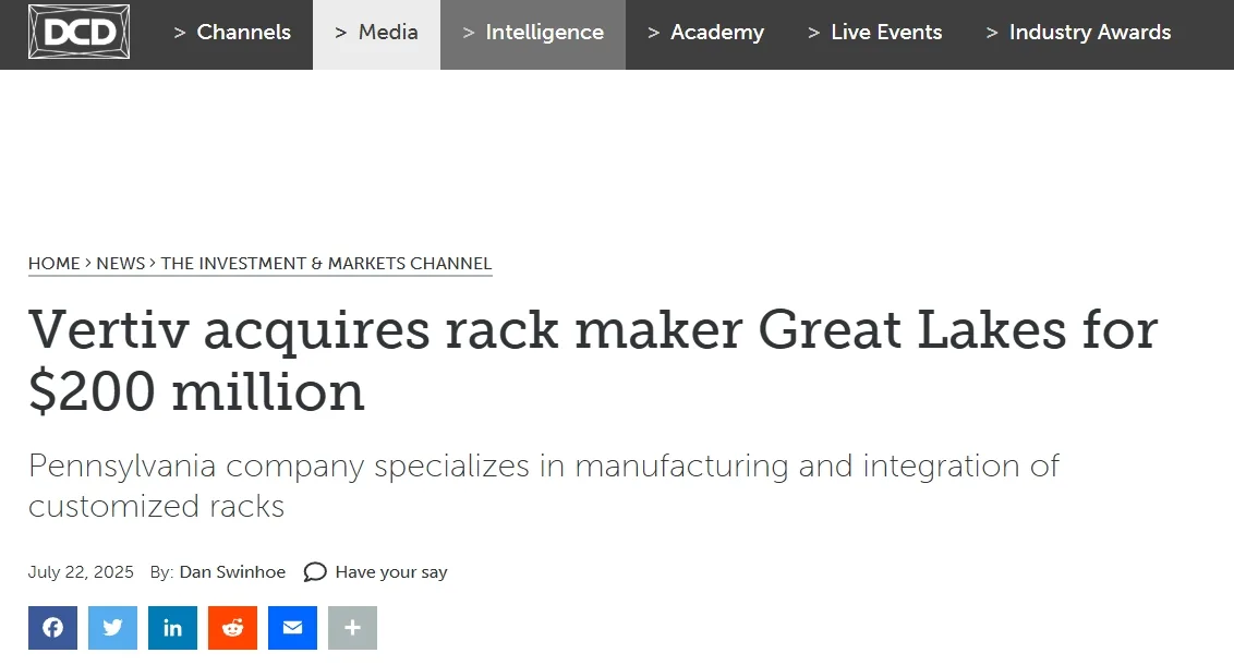Vertiv acquires rack maker Great Lakes for $200 million