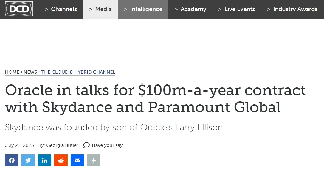 Oracle in talks for $100m-a-year contract with Skydance and Paramount Global