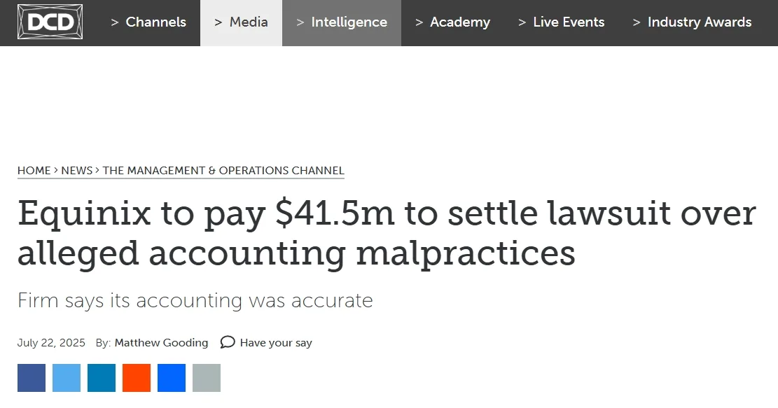 Equinix to pay $41.5m to settle lawsuit over alleged accounting malpractices