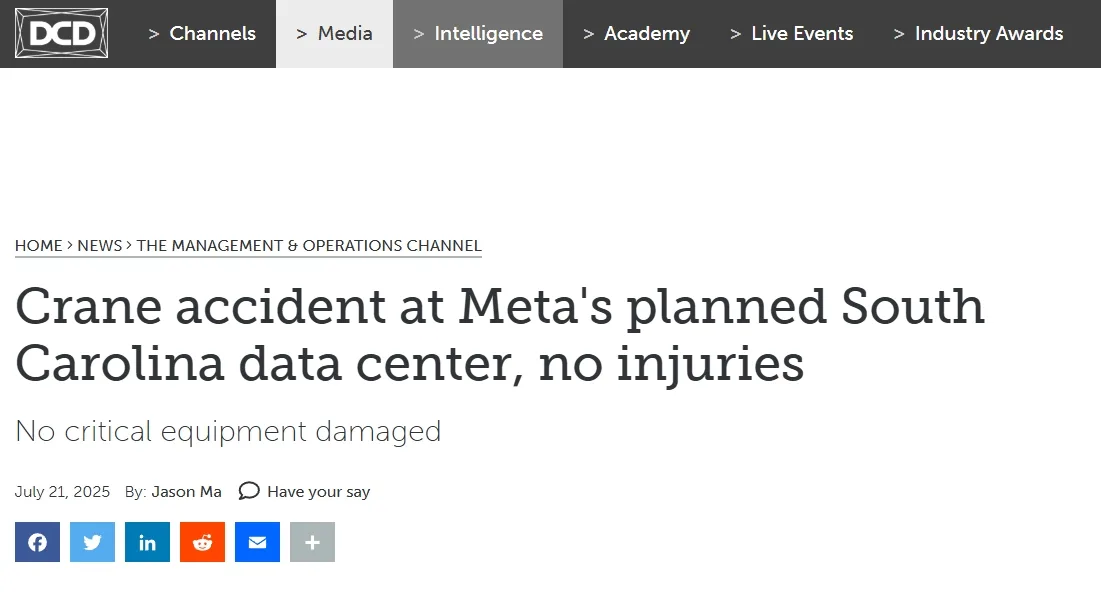 Crane accident at Meta's planned South Carolina data center, no injuries