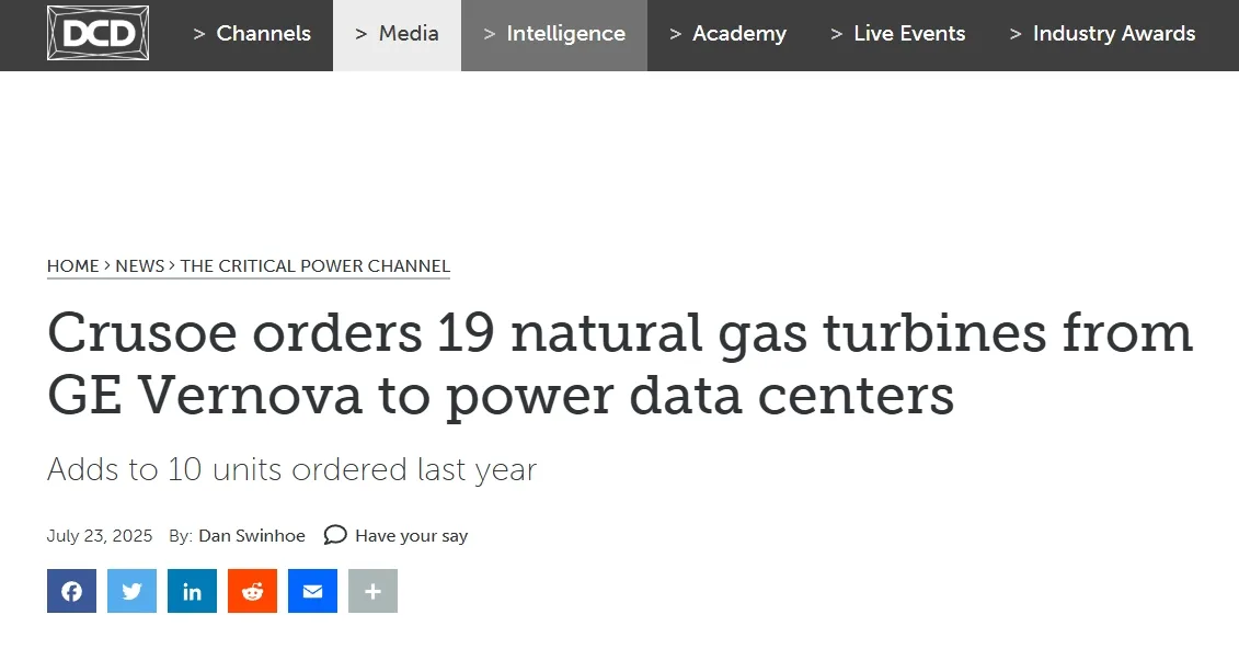 Crusoe orders 19 natural gas turbines from GE Vernova to power data centers