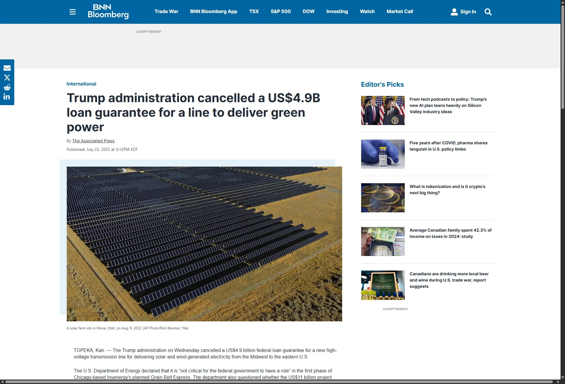 Trump administration cancelled a US$4.9B loan guarantee for a line to deliver green power