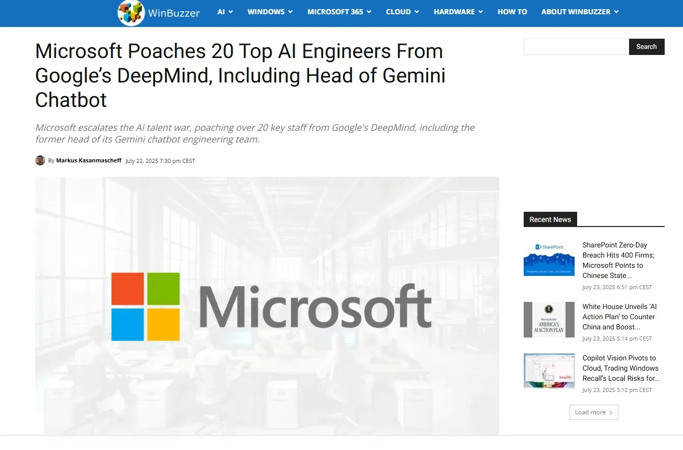 Microsoft Poaches 20 Top AI Engineers From Google’s DeepMind, Including Head of Gemini Chatbot