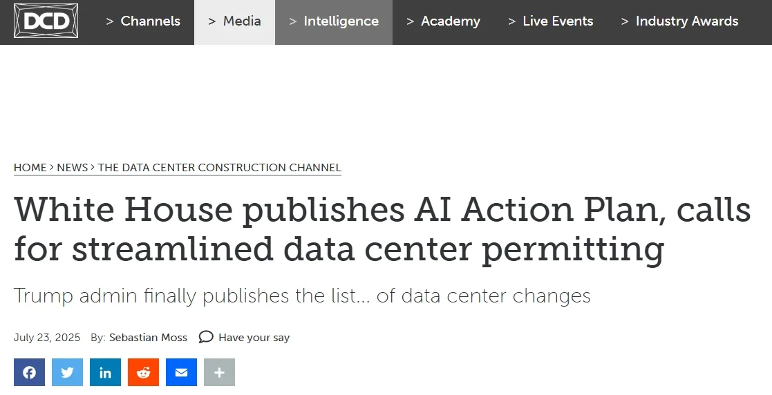 White House publishes AI Action Plan, calls for streamlined data center permitting