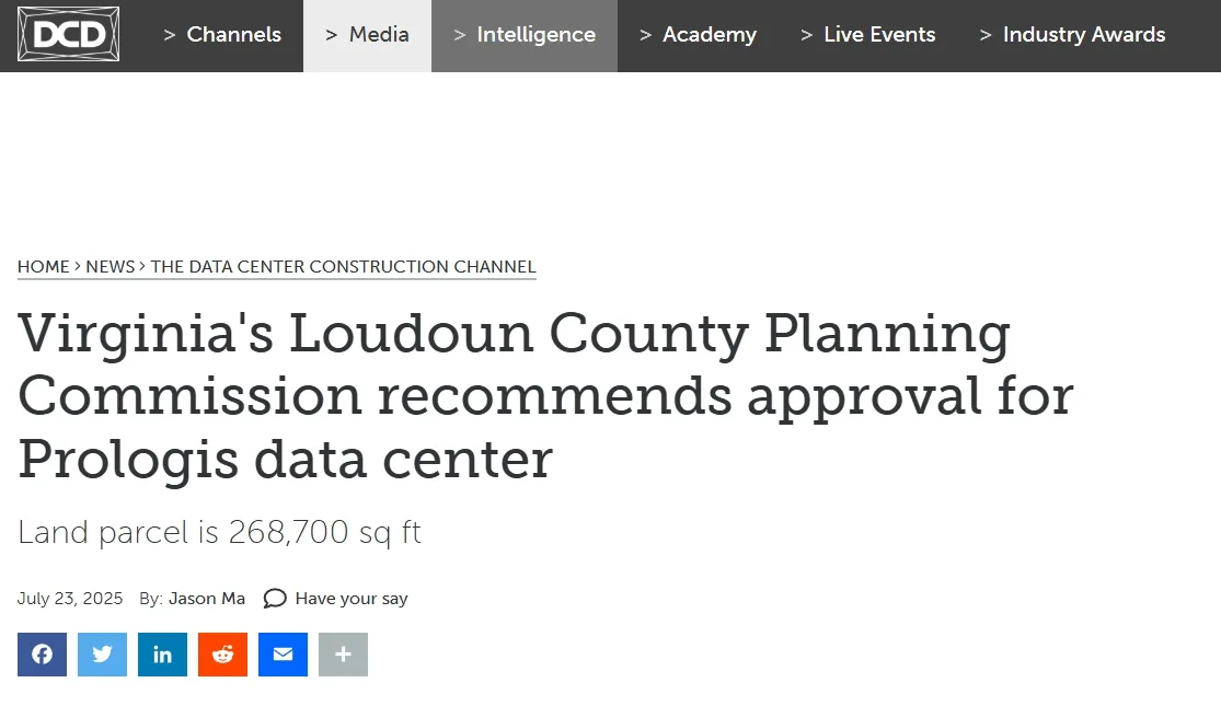 Virginia's Loudoun County Planning Commission recommends approval for Prologis data center