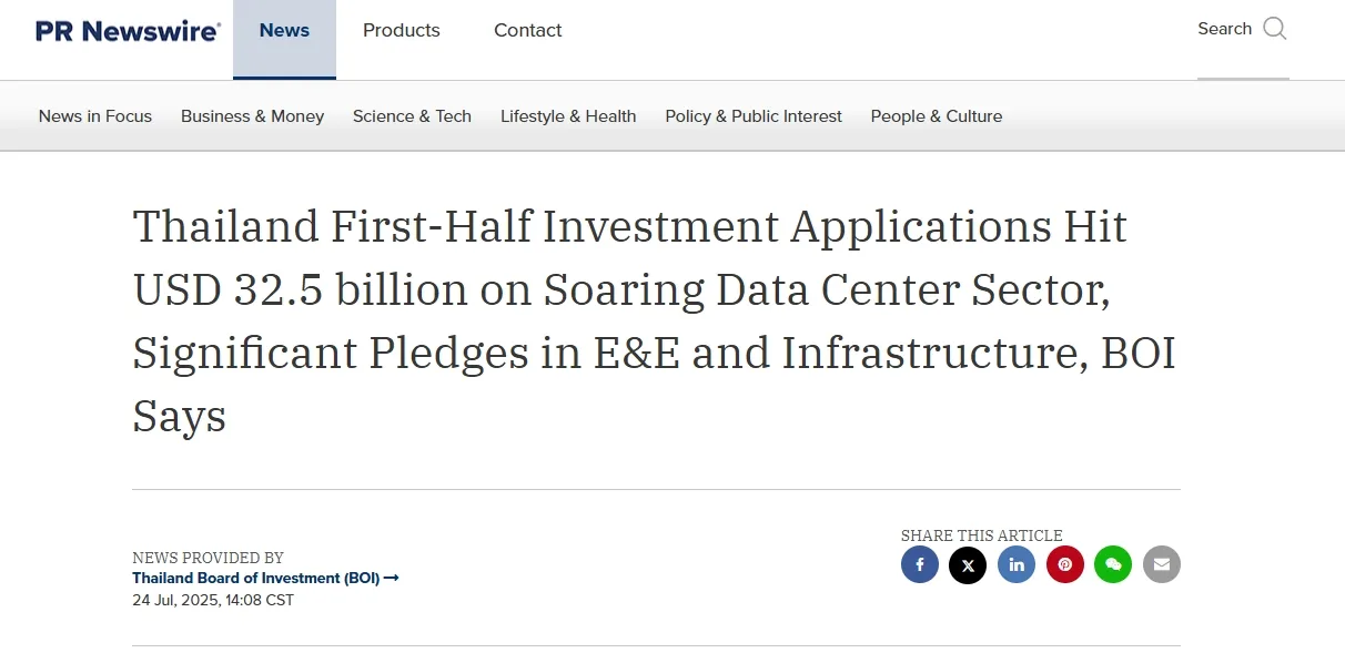 Thailand First-Half Investment Applications Hit USD 32.5 billion on Soaring Data Center Sector, Significant Pledges in E&E and Infrastructure, BOI Says