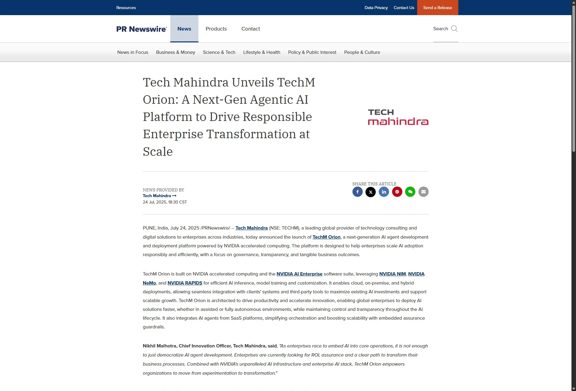 Tech Mahindra Unveils TechM Orion: A Next-Gen Agentic AI Platform to Drive Responsible Enterprise Transformation at Scale