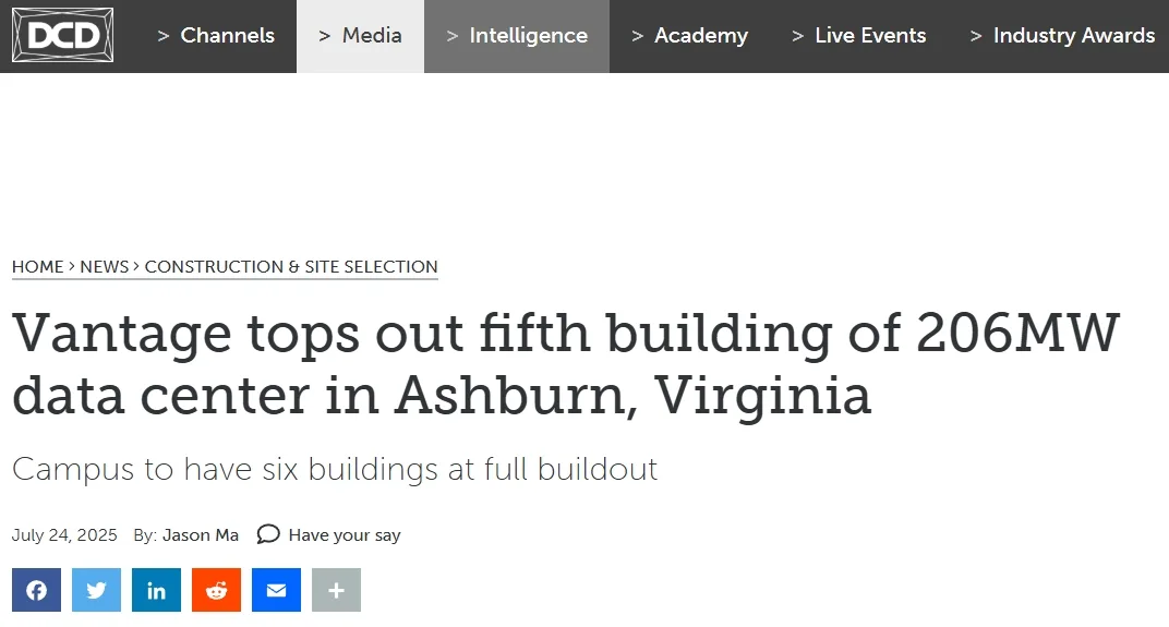 Vantage tops out fifth building of 206MW data center in Ashburn, Virginia