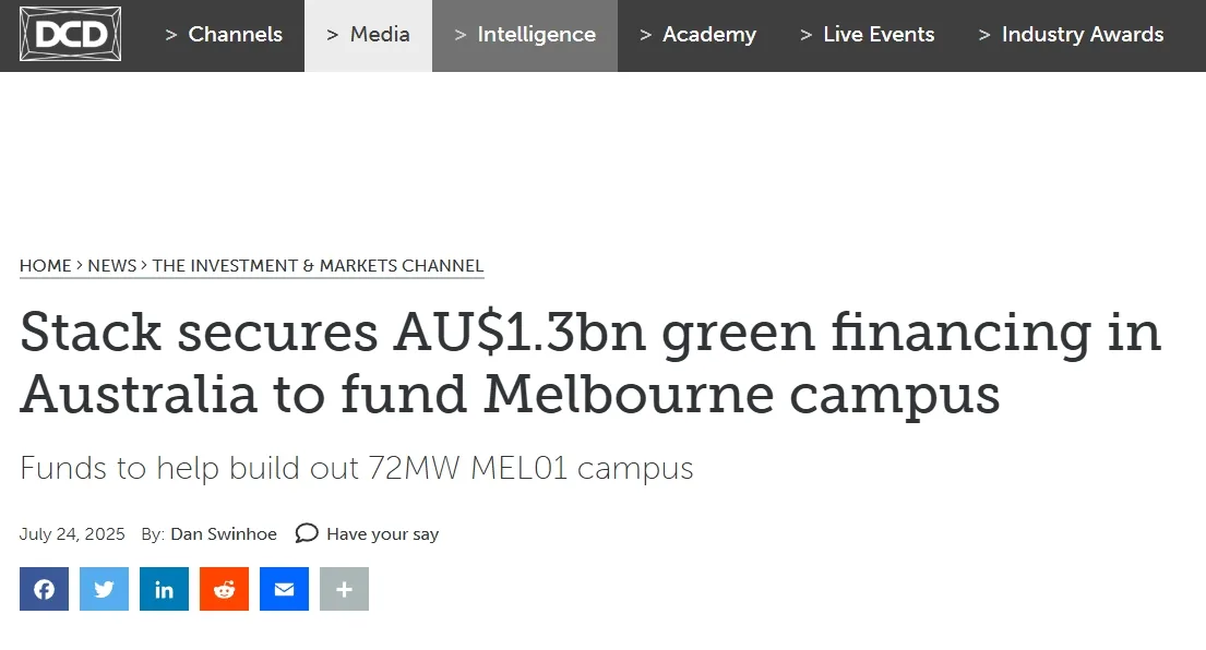 Stack secures AU$1.3bn green financing in Australia to fund Melbourne campus