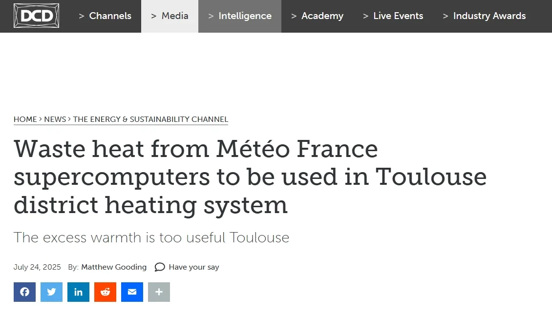 Waste heat from Météo France supercomputers to be used in Toulouse district heating system