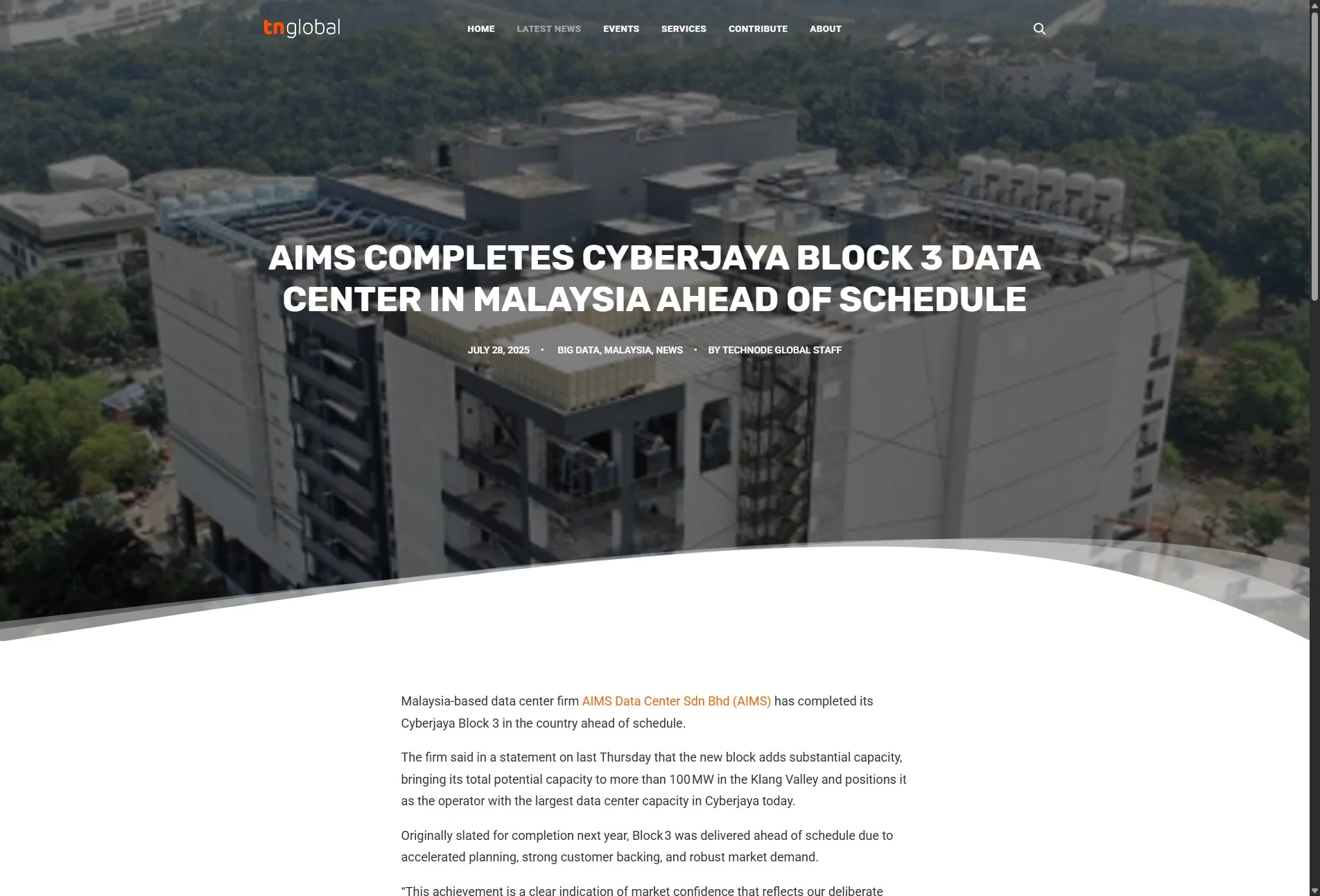 AIMS completes Cyberjaya Block 3 data center in Malaysia ahead of schedule