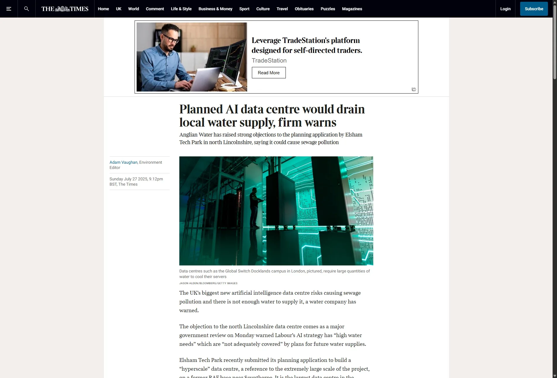 Planned AI data centre would drain local water supply, firm warns
