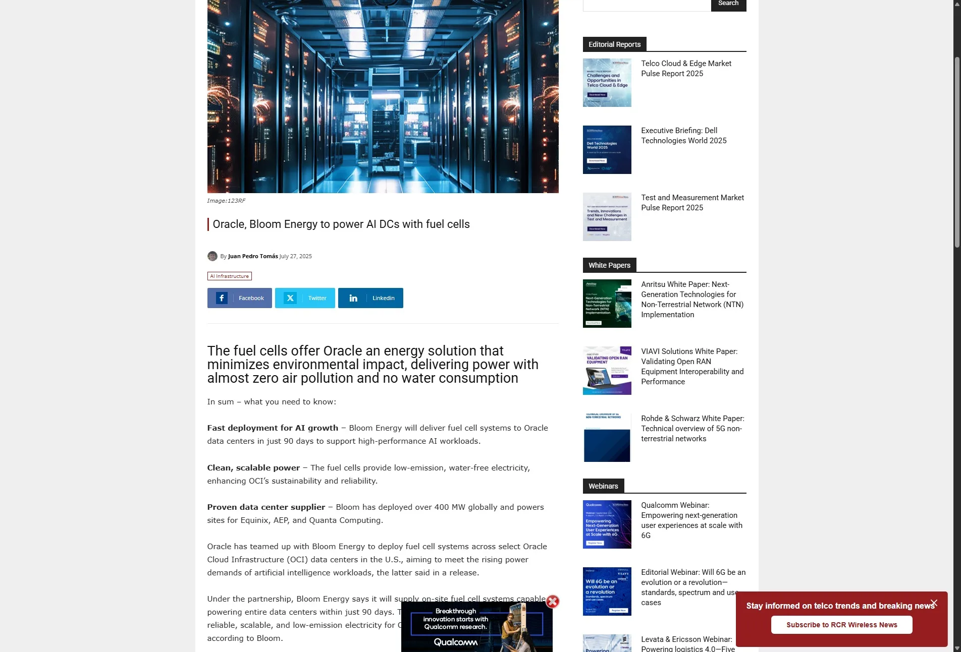 Oracle, Bloom Energy to power AI DCs with fuel cells