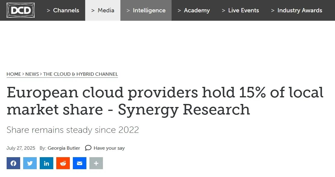 European cloud providers hold 15% of local market share - Synergy Research