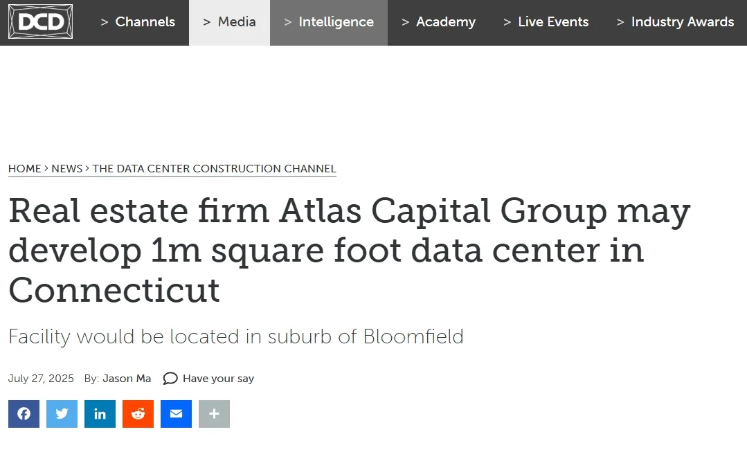 Real estate firm Atlas Capital Group may develop 1m square foot data center in Connecticut