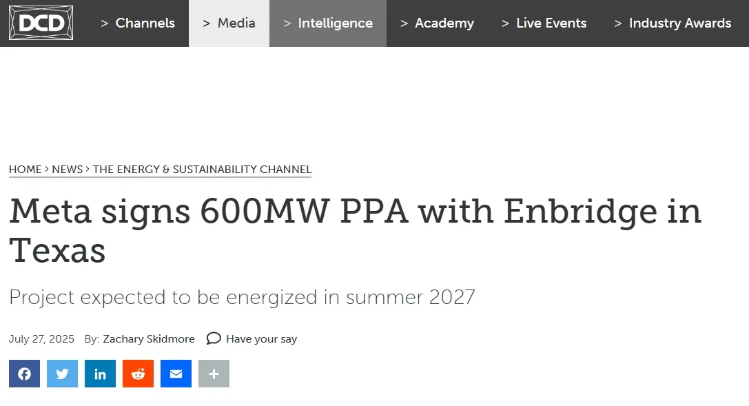 Meta signs 600MW PPA with Enbridge in Texas