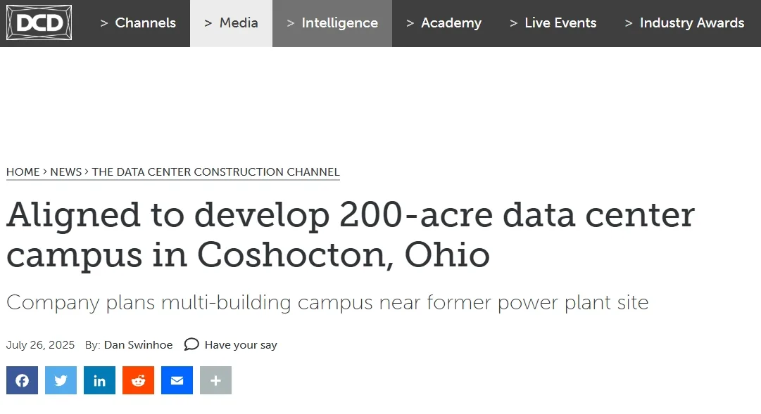 Aligned to develop 200-acre data center campus in Coshocton, Ohio