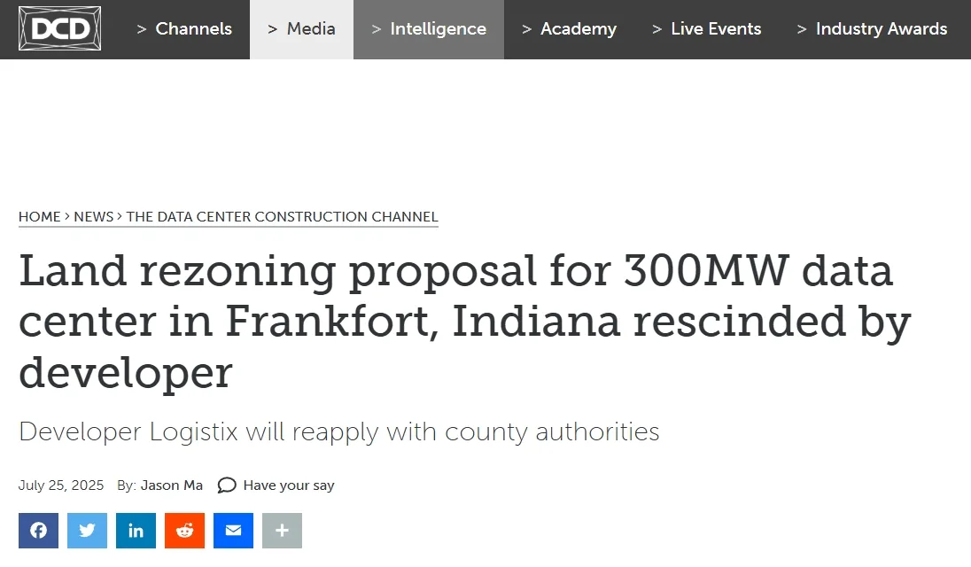 Land rezoning proposal for 300MW data center in Frankfort, Indiana rescinded by developer