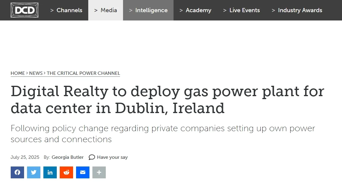Digital Realty to deploy gas power plant for data center in Dublin, Ireland