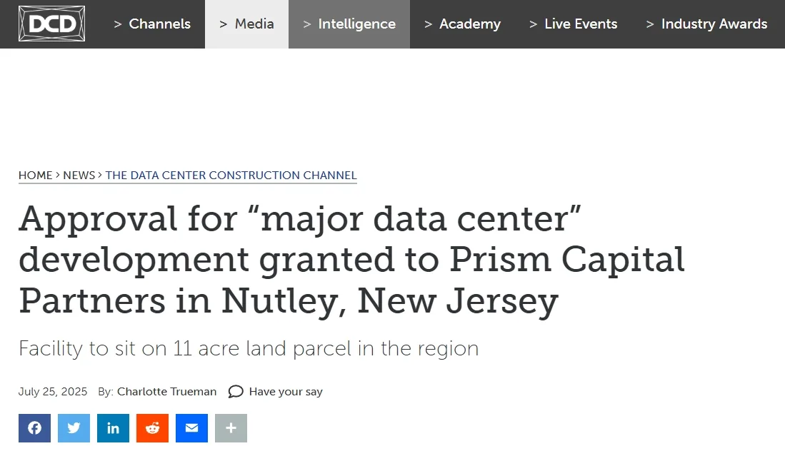 Approval for “major data center” development granted to Prism Capital Partners in Nutley, New Jersey