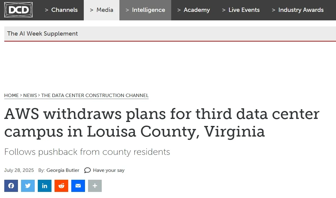 AWS withdraws plans for third data center campus in Louisa County, Virginia