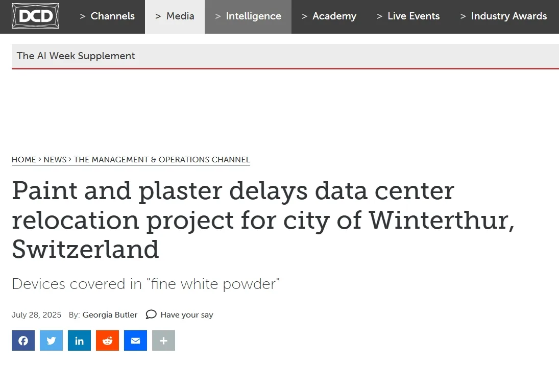 Paint and plaster delays data center relocation project for city of Winterthur, Switzerland