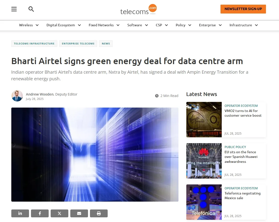 Bharti Airtel signs green energy deal for data centre arm