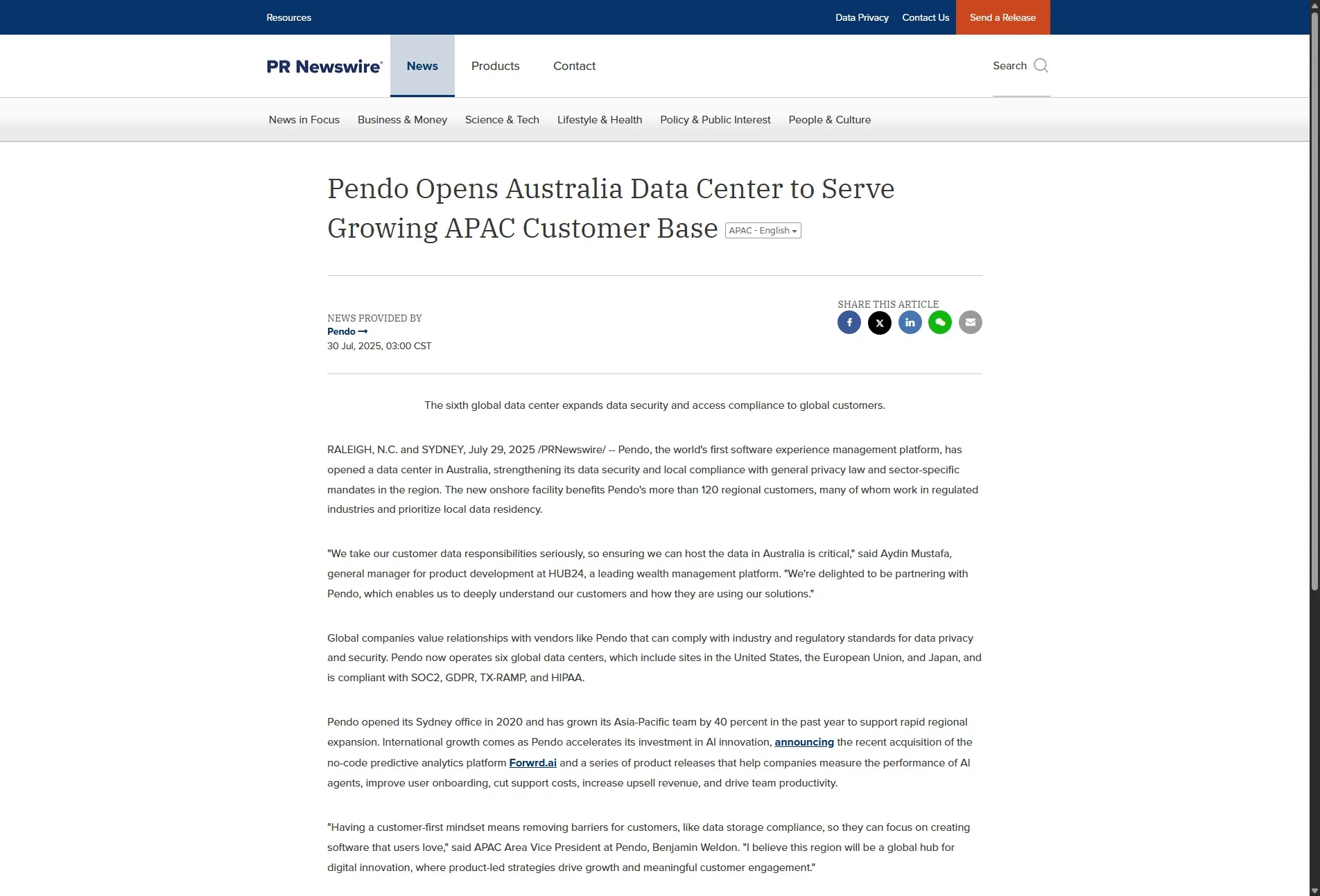 Pendo Opens Australia Data Center to Serve Growing APAC Customer Base