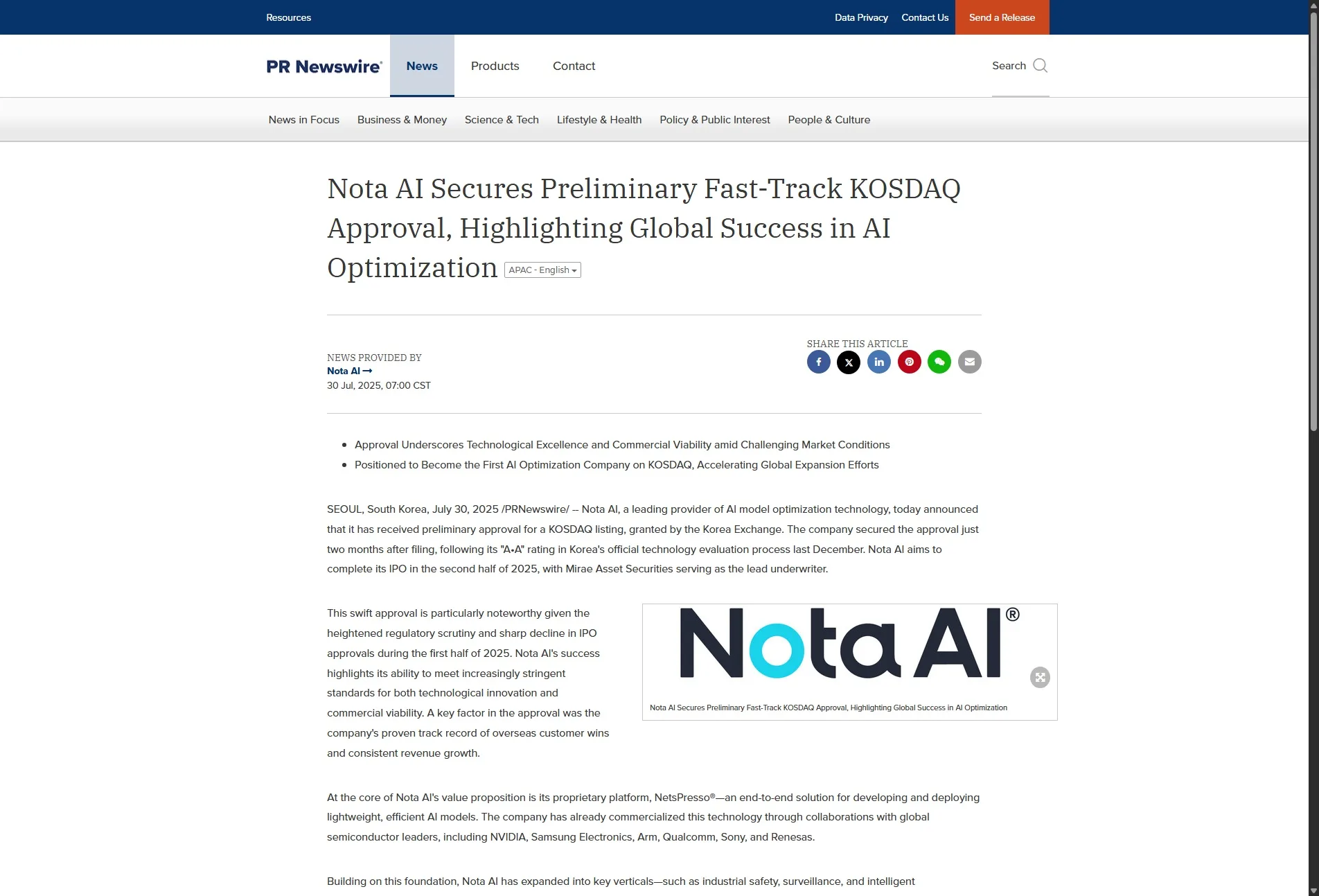 Nota AI Secures Preliminary Fast-Track KOSDAQ Approval, Highlighting Global Success in AI Optimization
