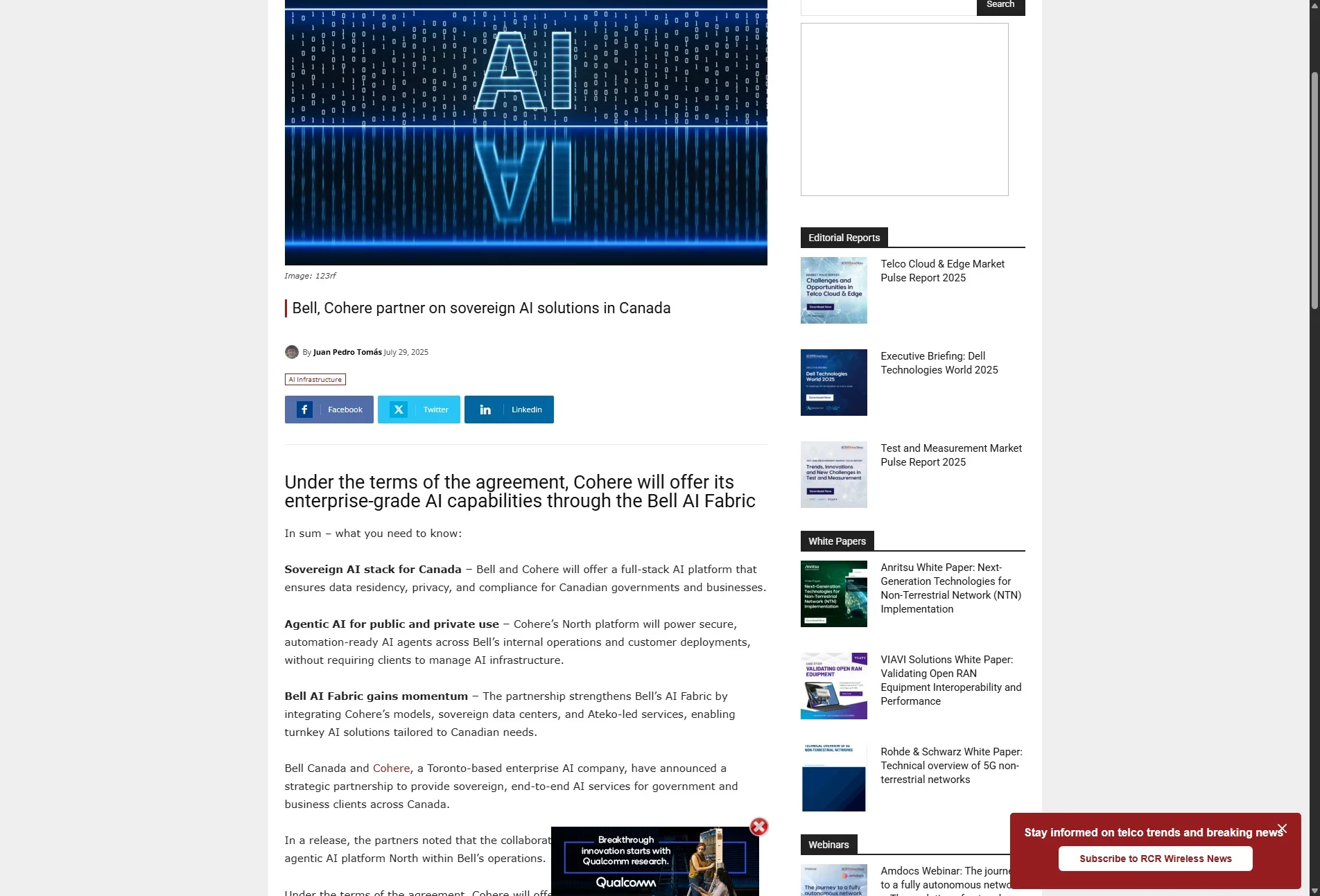 Bell, Cohere partner on sovereign AI solutions in Canada