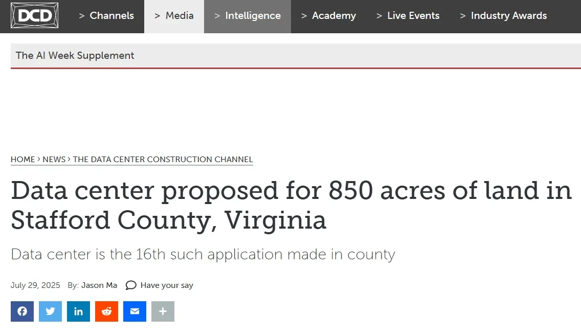 Data center proposed for 850 acres of land in Stafford County, Virginia