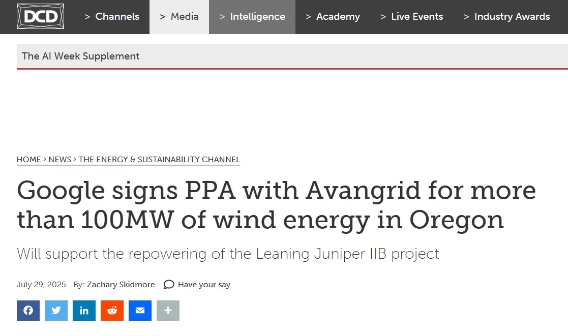 Google signs PPA with Avangrid for more than 100MW of wind energy in Oregon