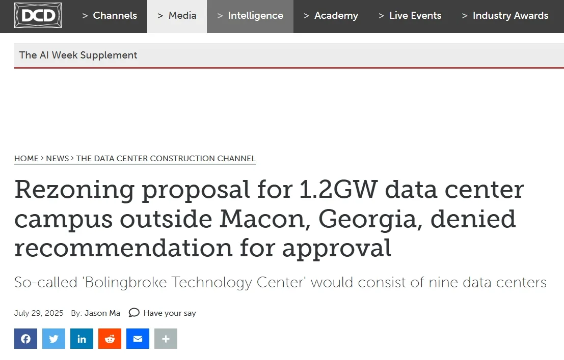 Rezoning proposal for 1.2GW data center campus outside Macon, Georgia, denied recommendation for approval