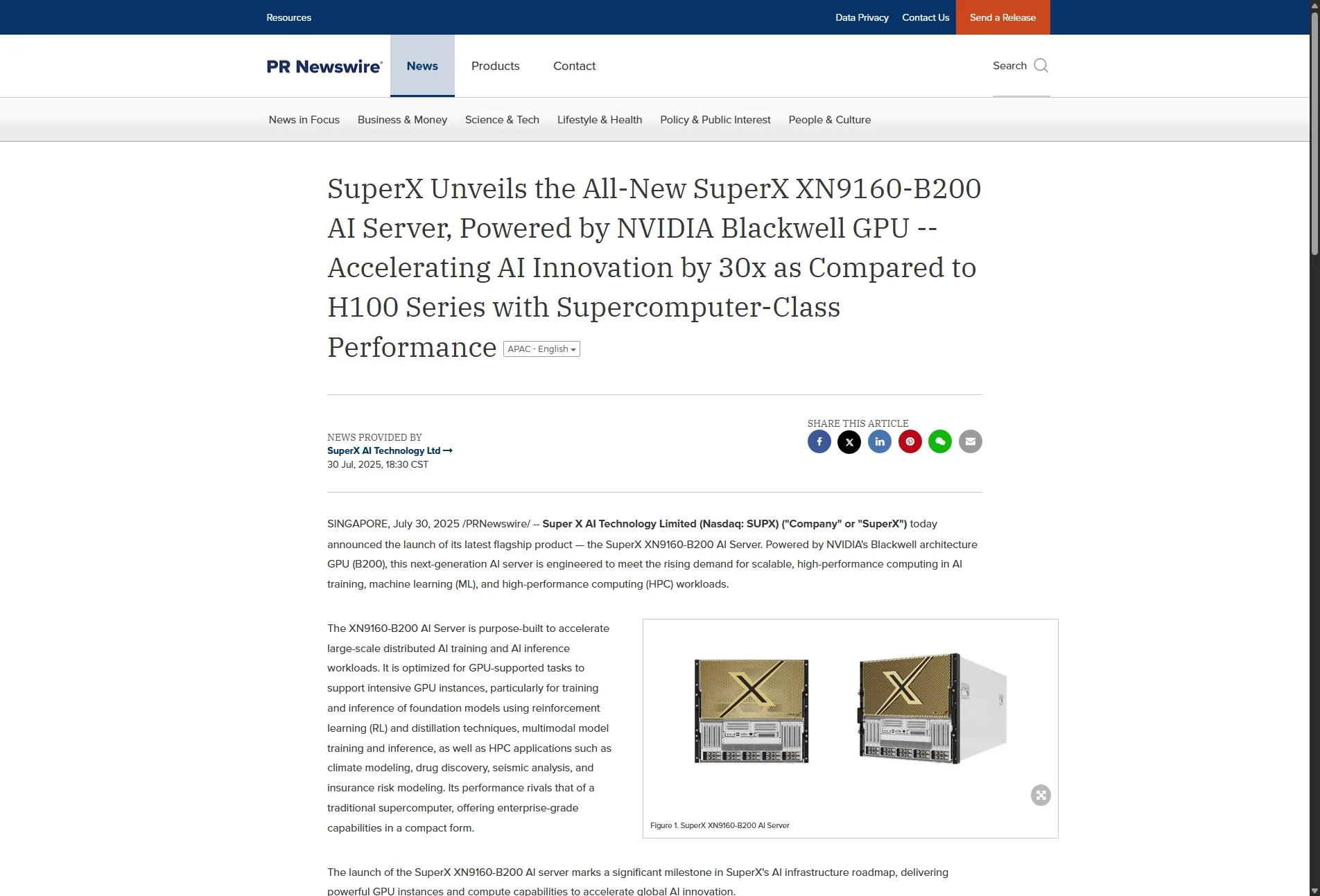 SuperX Unveils the All-New SuperX XN9160-B200 AI Server, Powered by NVIDIA Blackwell GPU -- Accelerating AI Innovation by 30x as Compared to H100 Series with Supercomputer-Class Performance
