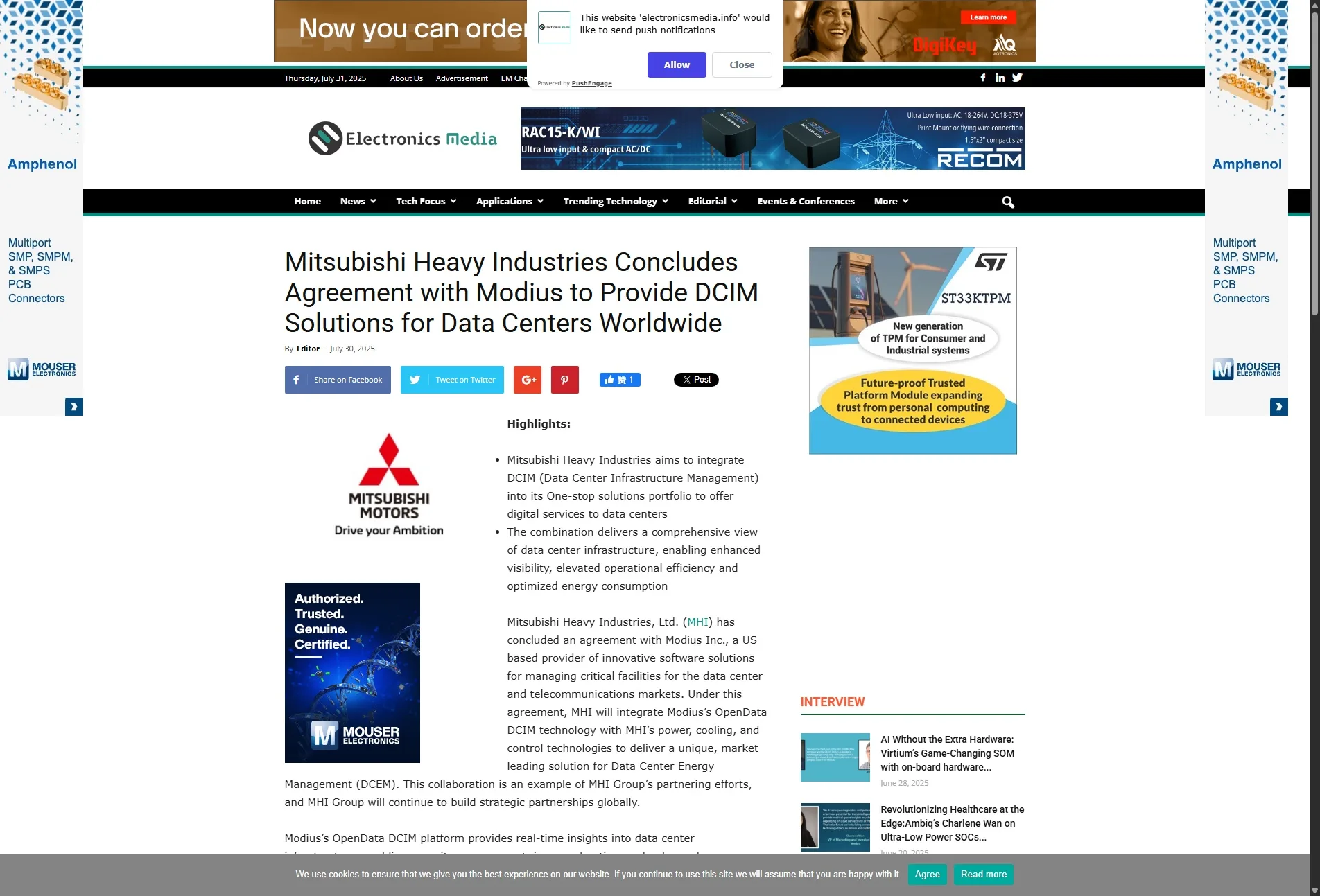 Mitsubishi Heavy Industries Concludes Agreement with Modius to Provide DCIM Solutions for Data Centers Worldwide