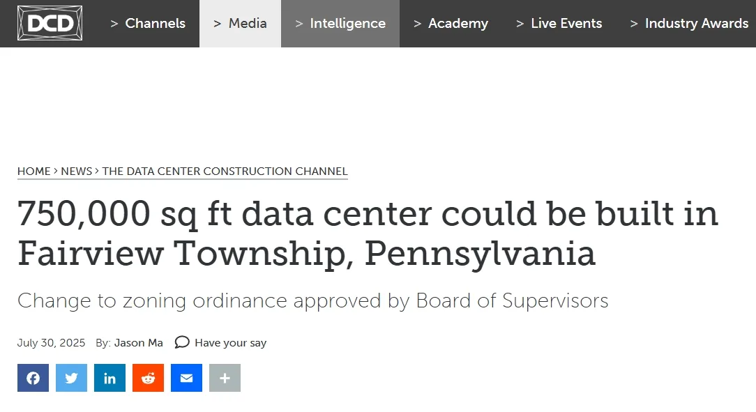 750,000 sq ft data center could be built in Fairview Township, Pennsylvania