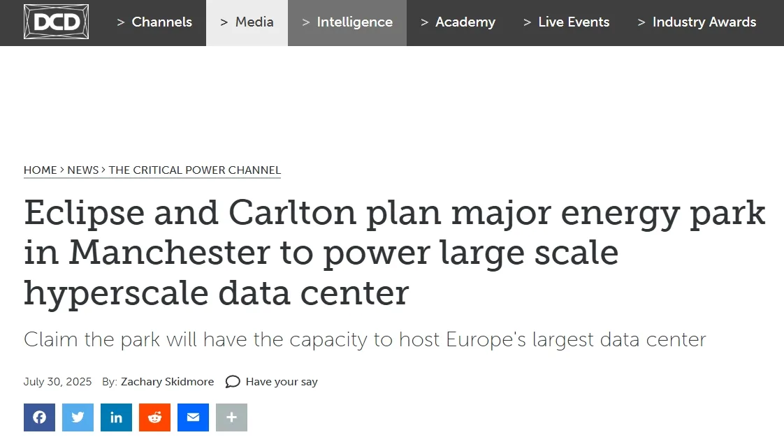 Eclipse and Carlton plan major energy park in Manchester to power large scale hyperscale data center
