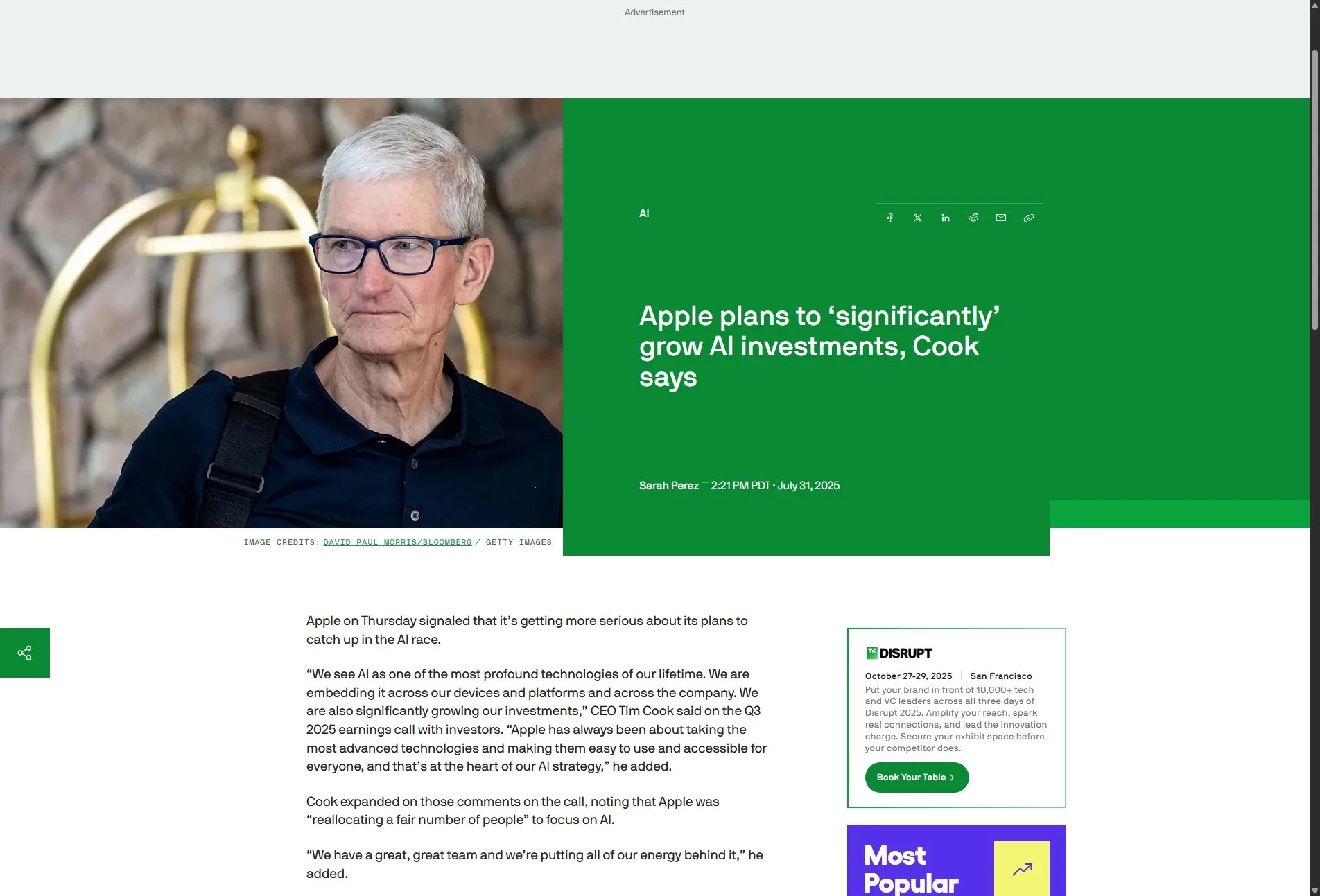 Apple plans to ‘significantly’ grow AI investments, Cook says