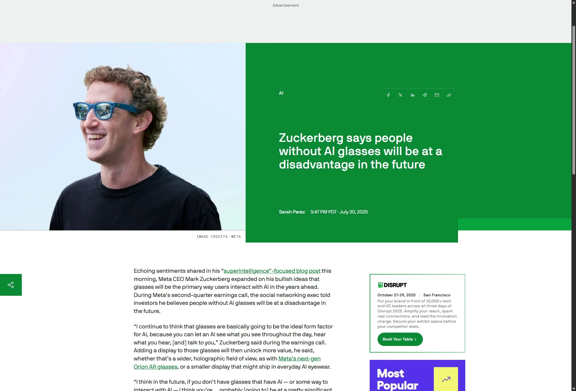 Zuckerberg says people without AI glasses will be at a disadvantage in the future